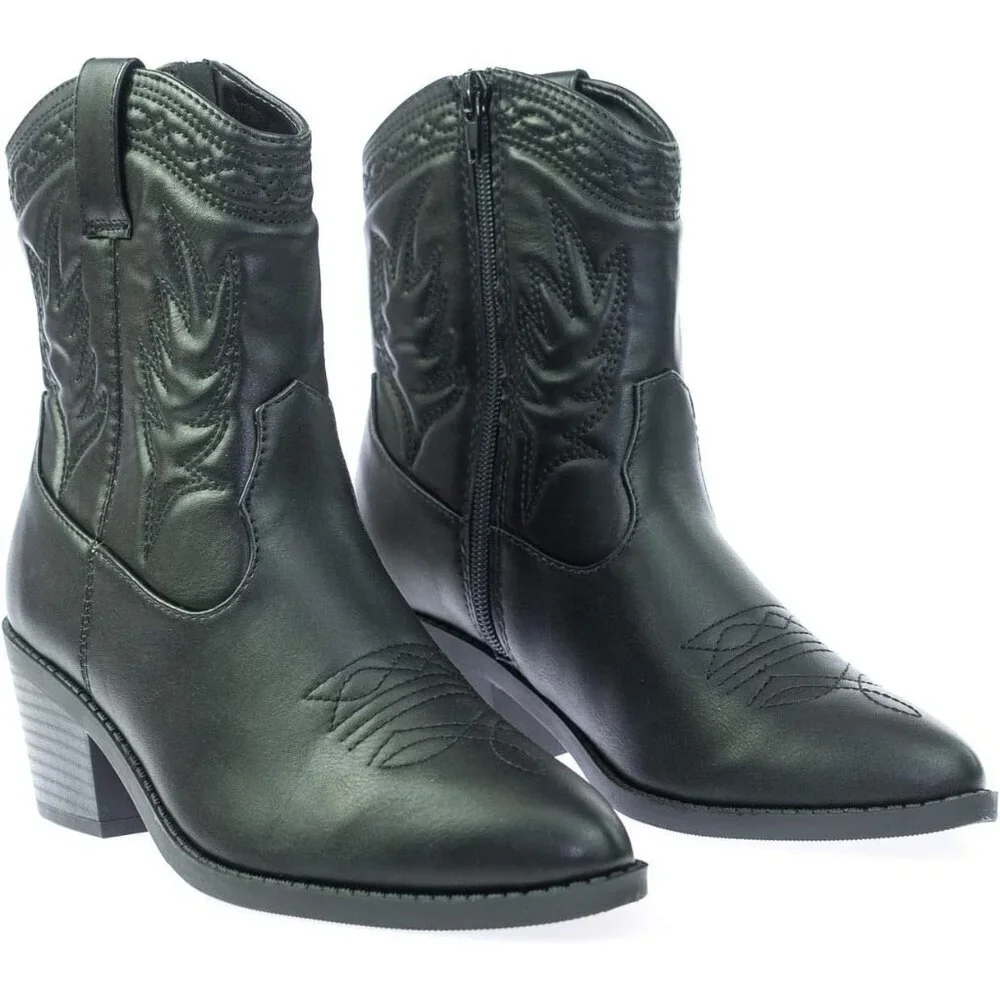 Women's Black Western Cowgirl Stitched Mid Calf Ankle Boots Side Zipper